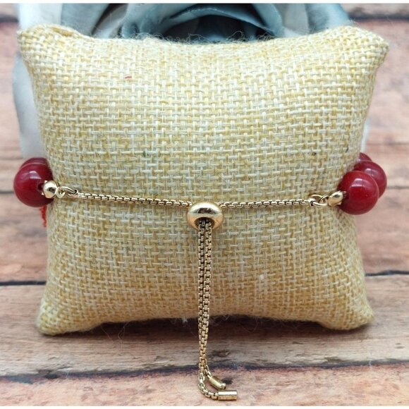 One Size Red Glass Bead & Gold Tone Slide Bracelet Tassel Shamballa MINT - Picture 4 of 11